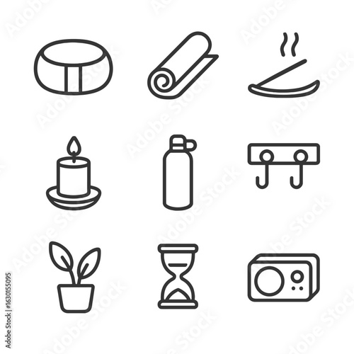 Yoga Studio Essentials. Outline icon set of yoga studio setup: meditation cushion, yoga mat, incense, candle, water bottle, wall