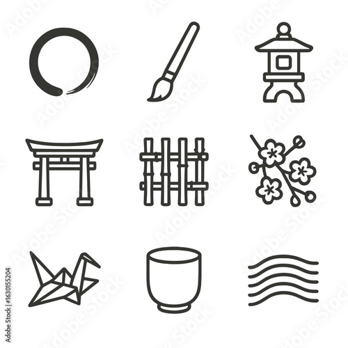 Zen Iconography Grid. Outline icon set of zen symbols: enso circle, calligraphy brush, stone lantern, temple gate, bamboo fence,