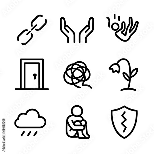 Helplessness Icon Set. Outline icon set of helplessness: broken chain, empty hands, falling figure, locked door, tangled rope,
