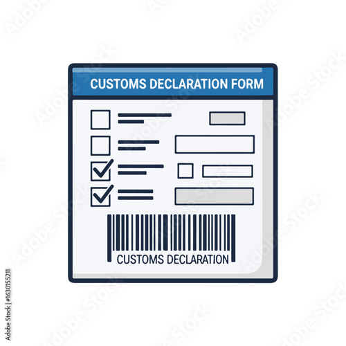 A simple graphic of a customs declaration form with checkboxes, text fields, and a barcode.