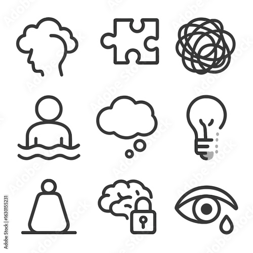 Helplessness Icon Set. Outline icon set of helplessness in mental state: cloudy mind, broken puzzle, tangled lines, sinking