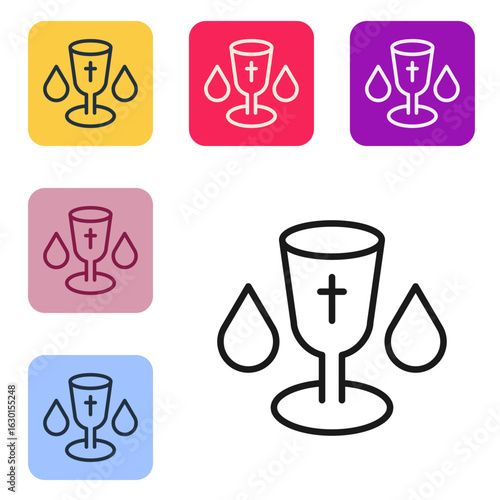 Black line Christian chalice icon isolated on white background. Christianity icon. Happy Easter. Set icons in color square buttons. Vector