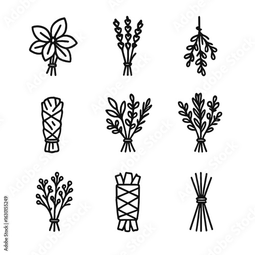 Herb Bundle Icons. Outline icon set of herb bundles: tied basil, dried lavender, hanging thyme, sage smudge stick, rosemary sprig