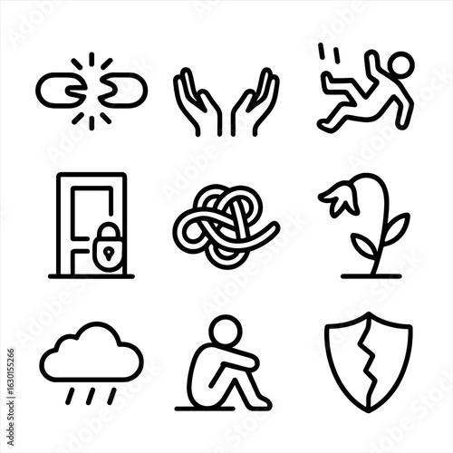 Helplessness Icon Set. Outline icon set of helplessness: broken chain, empty hands, falling figure, locked door, tangled rope,