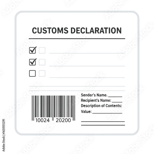Blank customs declaration form with barcode, checkboxes, and fields for sender, recipient, contents, and value.