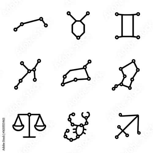 Zodiac Constellation Icons. Outline icon set of zodiac constellations: Aries, Taurus, Gemini, Cancer, Leo, Virgo, Libra, Scorpio,