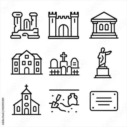 Heritage Icons Grid. Outline icon set of heritage sites: ancient ruins, castle, historical museum, family estate, graveyard,