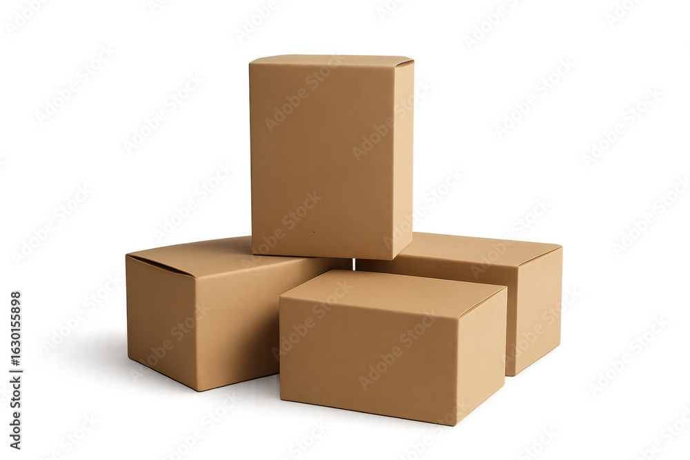 Obraz premium Stack of four closed cardboard boxes on transparent background