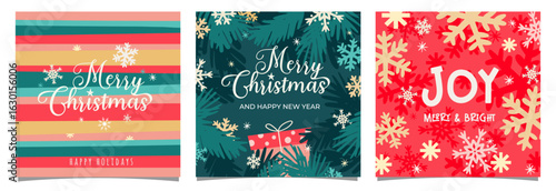 Merry Christmas and  happy new year set of square cards or posters, banner, postcard, hand drawn elements, Christmas tree, winter event holiday, celebration, modern vector illustration, template