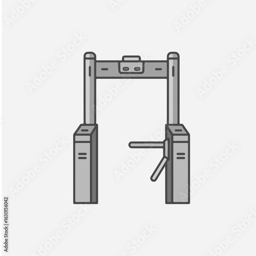 Airport security checkpoint with metal detector and turnstile.