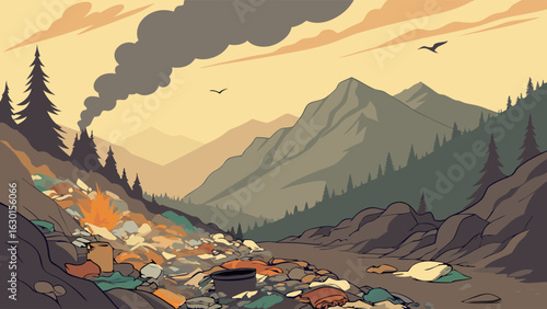 Polluted Mountain Landscape with Burning Trash and Smoke.