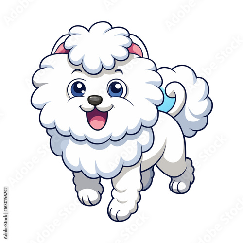 A fluffy Bichon Frisé prancing happily with a cloud-like coat.