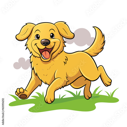 A joyful Golden Retriever bounding through a sunny field.