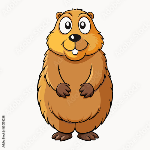 A plump groundhog standing upright on its hind legs.