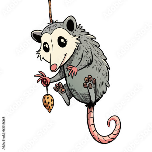 A quirky opossum hanging by its prehensile tail.