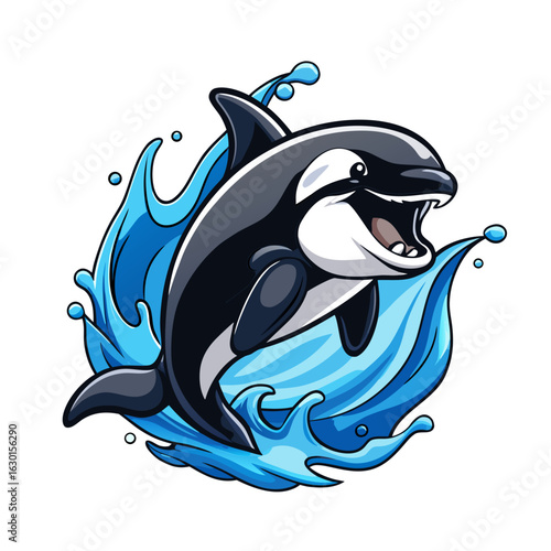 A sleek orca breaching dramatically from ocean waves
