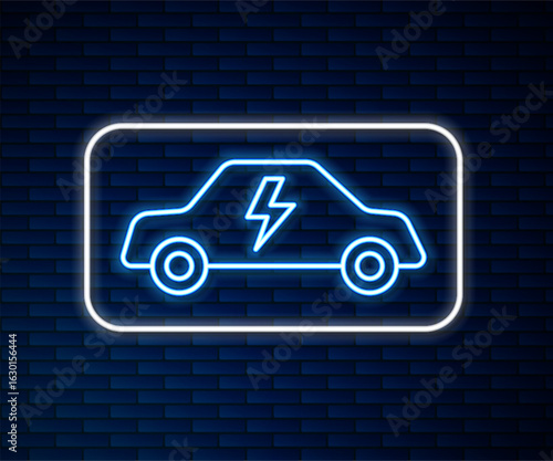 Glowing neon line Electric car and electrical cable plug charging icon isolated on brick wall background. Renewable eco technologies. Vector