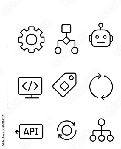 Workflow Automation Icons. Outline icon set of workflow automation: settings gear, process chart, trigger icon
