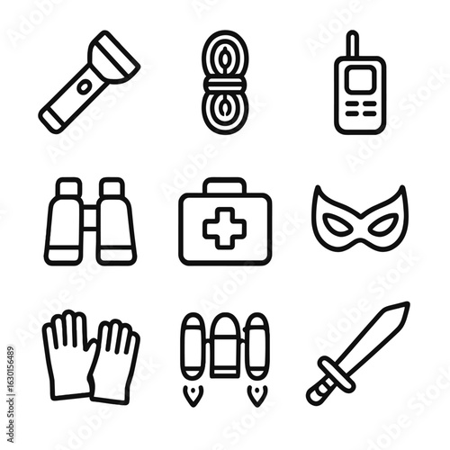 Hero Tools Icons. Outline icon set of hero tools: flashlight, rope, communicator, first aid kit, binoculars, mask, gloves, jetpack