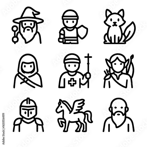 Hero's Allies Icons. Outline icon set of hero’s allies: wise wizard, loyal squire, talking animal, rogue companion, battle healer,