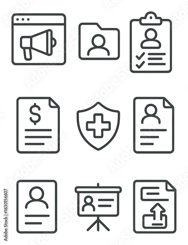 HR Workflow Icons. Outline icon set of HR workflow: job posting, candidate file, interview checklist,
