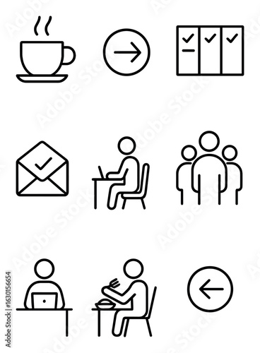 Daily Routine Icons. Outline icon set of daily routine: coffee cup, login icon, task board, team huddle, email