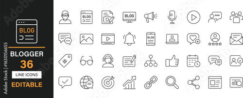 Blogger 36 editable line icons set. Vlogger, influencer, creator, branding, lifestyle, beauty, fashion, travel, content and solid icons.