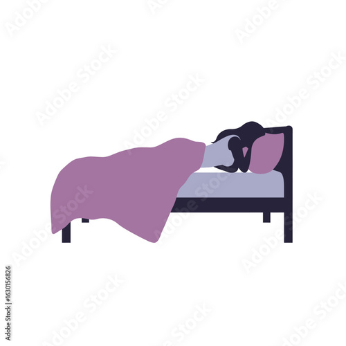 A person sleeping in a bed with purple blanket and pillow isolated on white background, representing rest, comfort, and relaxation at home