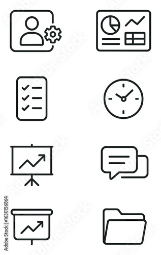 Modern Workplace Icons. Outline icon set of workplace tools: CRM icon, spreadsheet file, report dashboard,