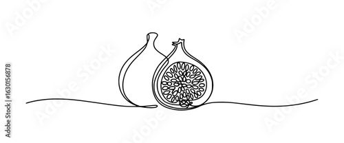 Minimalist black and white line drawing of a halved fig fruit food