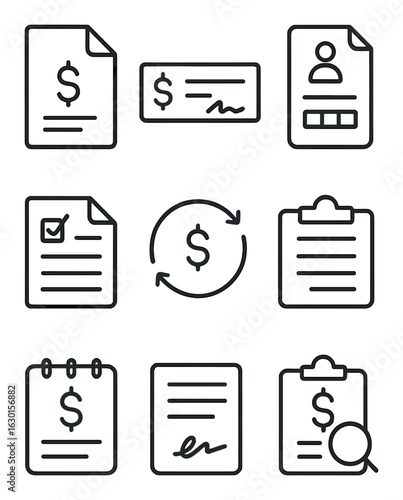 Administrative Task Icons. Outline icon set of administrative tasks: invoice file, payment check, billing
