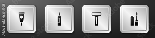 Set Cream or lotion cosmetic tube, , Shaving razor and Mascara brush icon. Silver square button. Vector