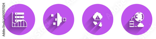Set Server, Data, Web Hosting, Filter setting, Cloud hacking and Network cloud connection icon with long shadow. Vector