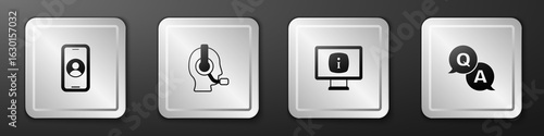 Set Telephone 24 hours support, Man with a headset, Monitor information and Question and Answer icon. Silver square button. Vector