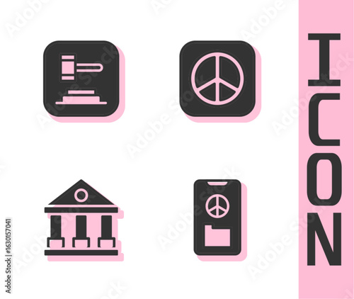 Set Peace, Judge gavel, Courthouse building and icon. Vector