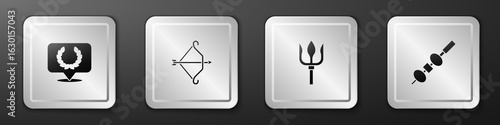 Set Laurel wreath, Medieval bow with arrow, Neptune Trident and Olive and cheese on chopstick icon. Silver square button. Vector