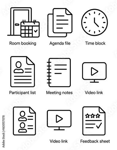 Meeting Logistics Icons. Outline icon set of meeting logistics: room booking, agenda file, invite tag, time