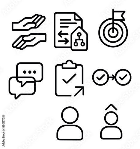 Workflow Icon Set. Outline icon set of cross-department workflow: handoff icon, inter-team file, workflow tag,