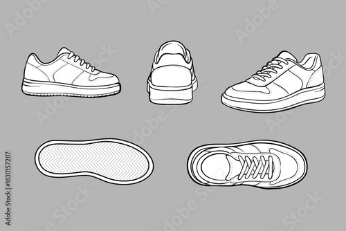 2d illustration of footwear. Outline vector image set. Front, back, top, bottom, side and perspective view.
