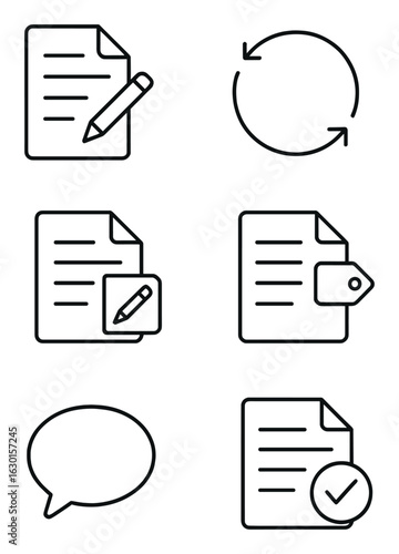 Review Cycle Icons. Outline icon set of review cycles: draft icon, feedback loop, revision note, version tag,