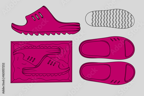 2d illustration of footwear. Outline vector image set. Front, back, top, bottom, side view.