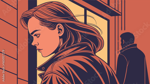 Sad Woman and Departing Man Urban Setting Pop Art Style Illustration.