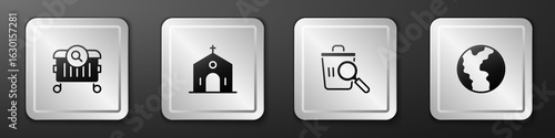 Set Searching for food, Church building, and Global economic crisis icon. Silver square button. Vector