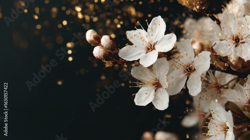 Elegant Cherry Blossom Branch with Golden Particles on Dark Background