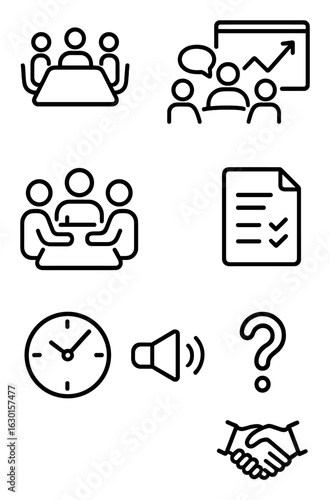 Corporate Meeting Icons. Outline icon set of corporate team meeting: boardroom table, team discussion,