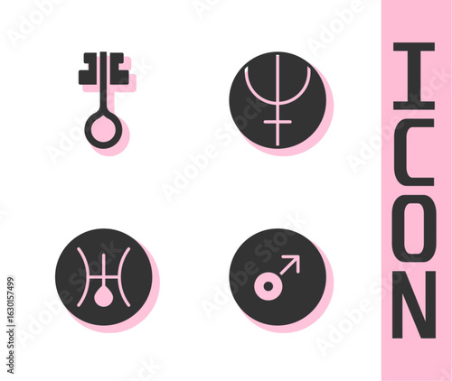 Set Mars symbol, Old magic key, Symbol Uranus and Neptune planet icon. Vector