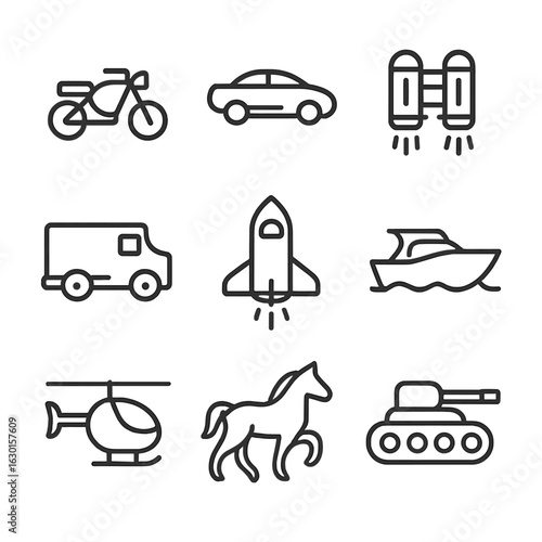 Heroic Vehicle Icons. Outline icon set of hero vehicles: motorcycle, flying car, jetpack, armored truck, spaceship, boat,