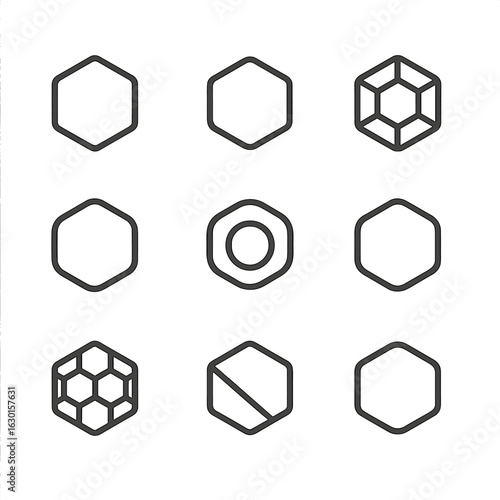 Hexagon Icon Set. Outline icon set of hexagon bokeh: hexagonal light spot, faceted glow, geometric blur, six-sided highlight, lens