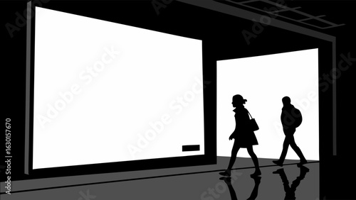 Silhouetted People Walking Past a Large Blank Billboard.