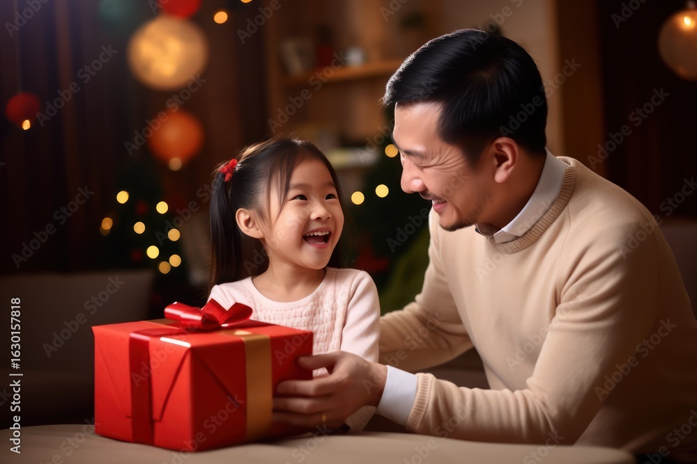 A smiling young girl holding a red gift box with a red ribbon, sitting on a couch with a Christmas tree in the background.